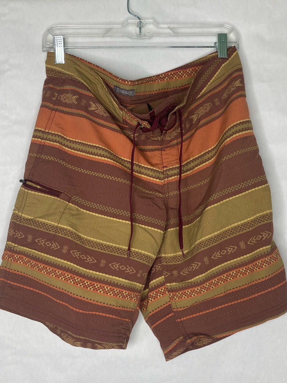 Toad&Co swim trunks shorts Men size 32 brown olive orange Aztec Stripe tie waist